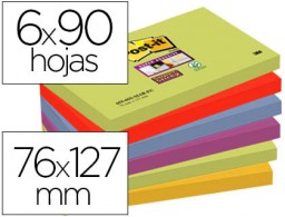 6 blocs de 90 de notas adhesivas quita y pon Post-it Super Sticky 76x127mm. colores surtidos